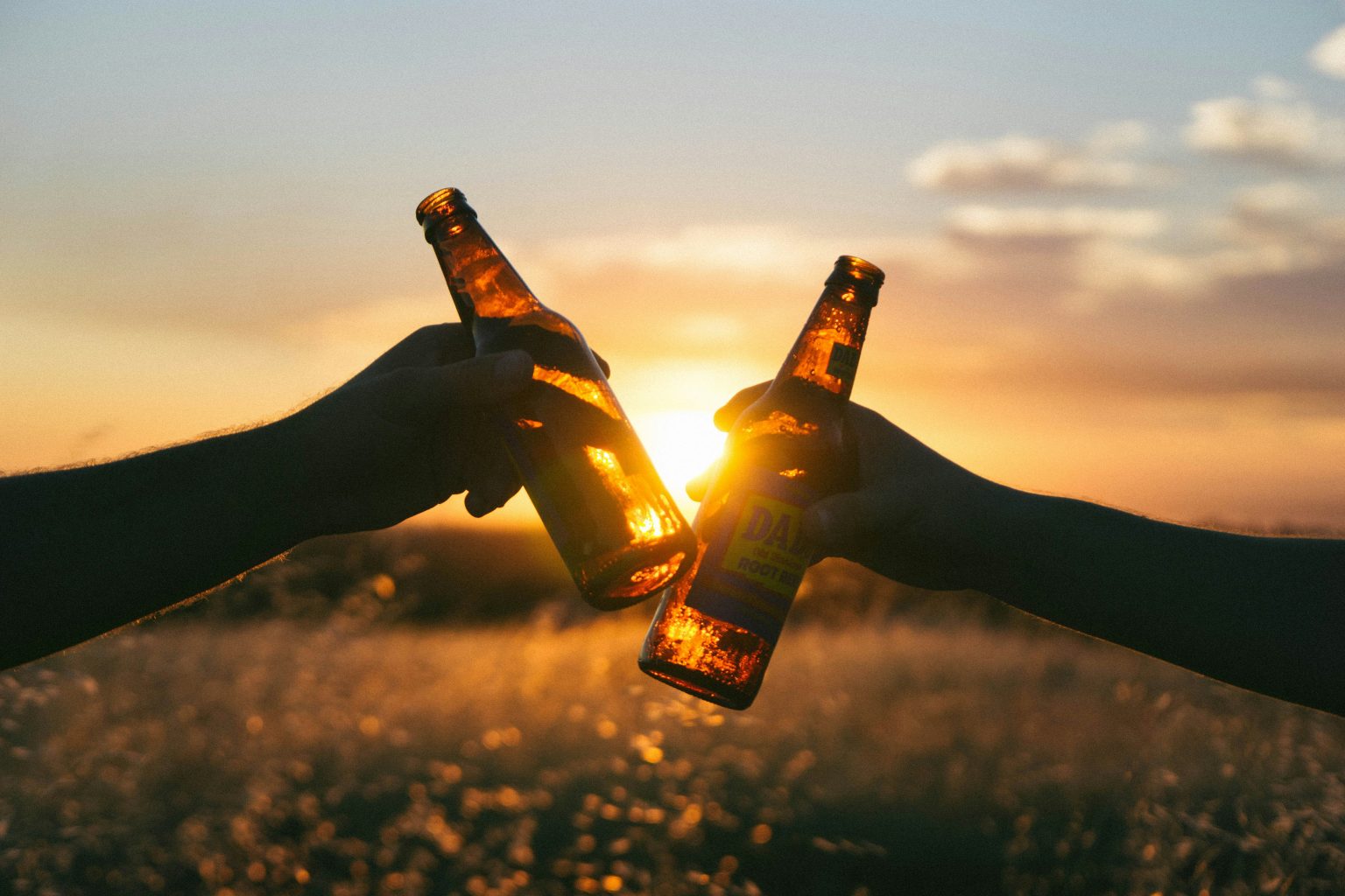 Two people raising bottles together against a sunset