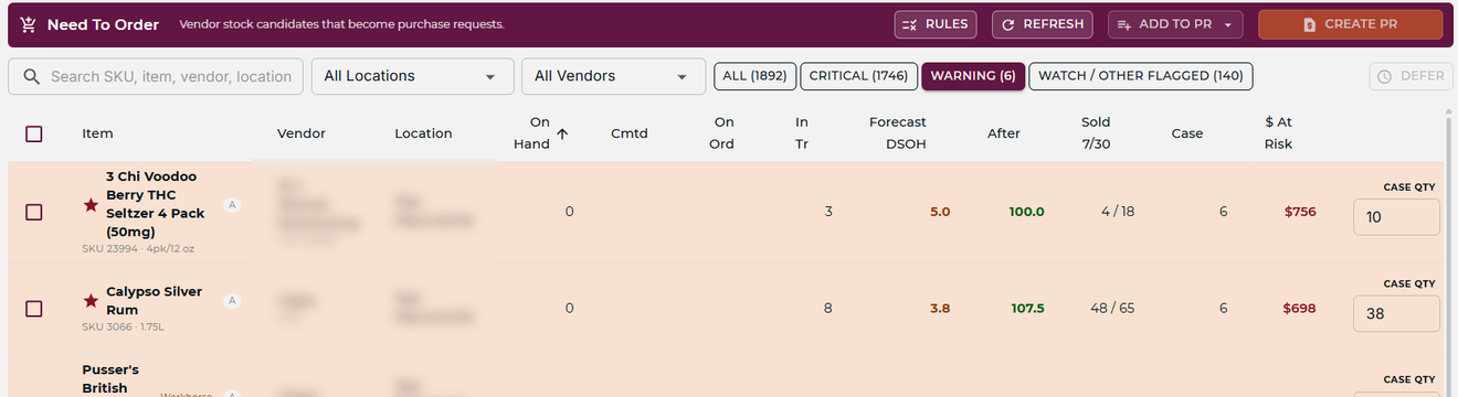 mPower Need To Order screen with suggested case quantities per vendor and a Create PR button