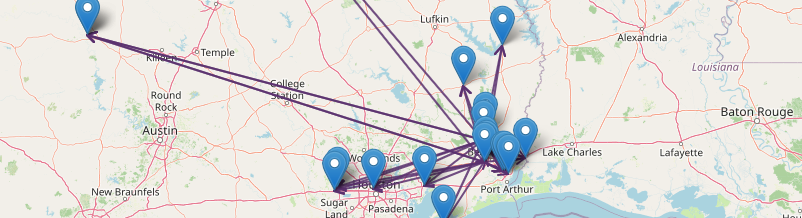Map of every mPower store location with stock transfers drawn between them